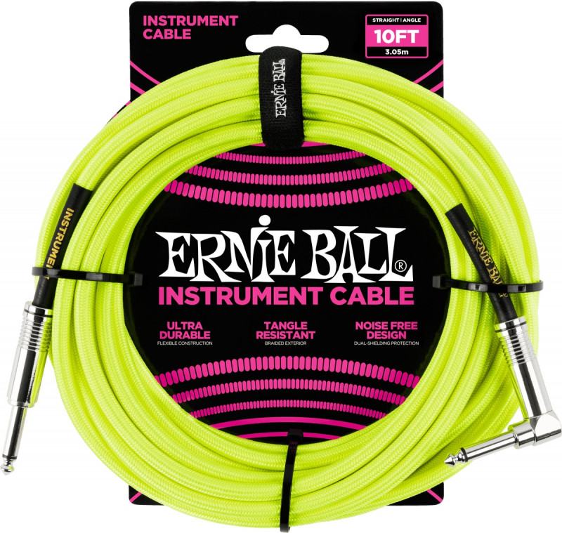 Ernie Ball - Câbles instrument - Jack/jack Coudé 3m Jaune Fluo