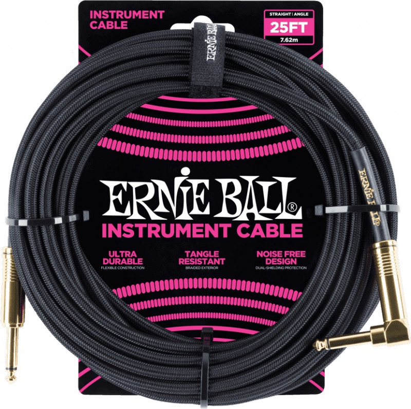 Ernie Ball - Câbles instrument - Gaine Tissée jack/jack Coudé 7,62m Noir