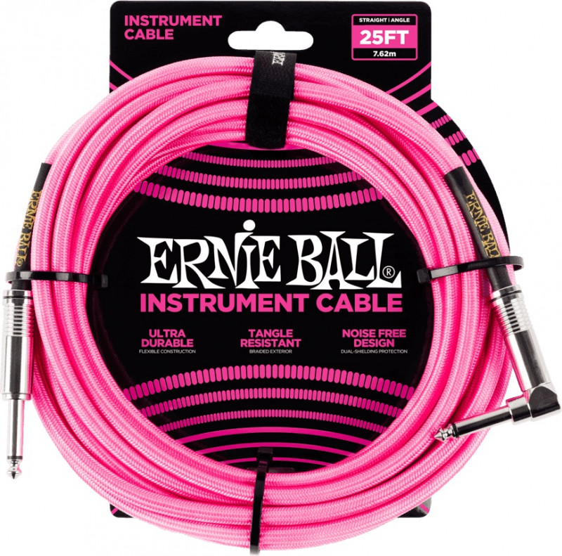 Ernie Ball - 25’ Braided Straight/Angle Instrument Cable Pink