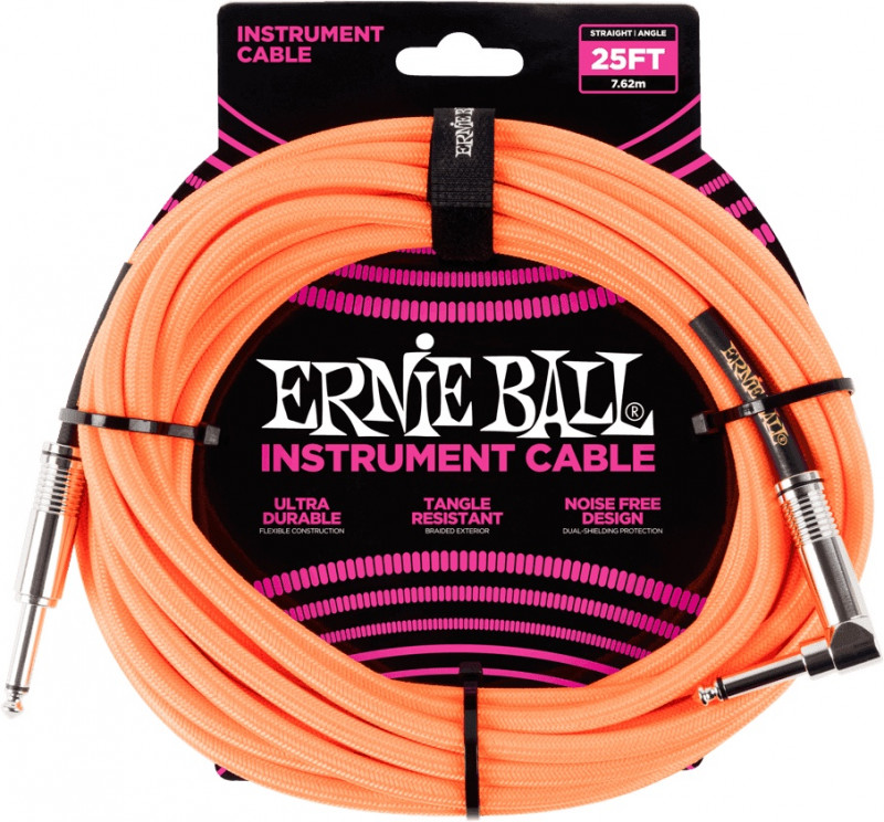 Ernie Ball - Câbles instrument - Gaine Tissée jack/jack Coudé 7,62m Orange