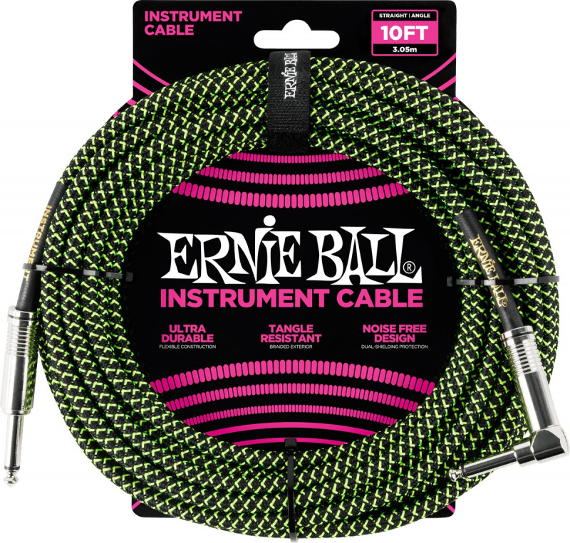 Ernie Ball - Câbles instrument - Jack/jack Coudé 3m Noir et Vert